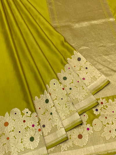 Vibrant Chartreuse Green Mashru Silk Saree with Meenakari Floral Border