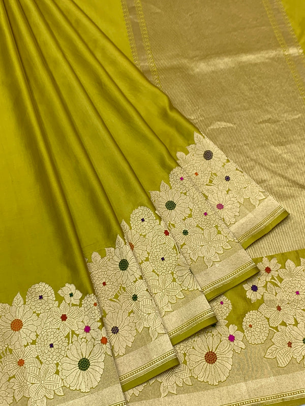 Vibrant Chartreuse Green Mashru Silk Saree with Meenakari Floral Border