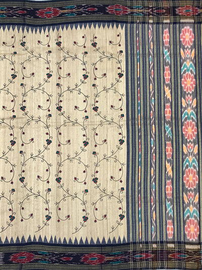 Ivory Tussore Silk Saree with Climbing Floral Vines & Grand Ikat Pallu
