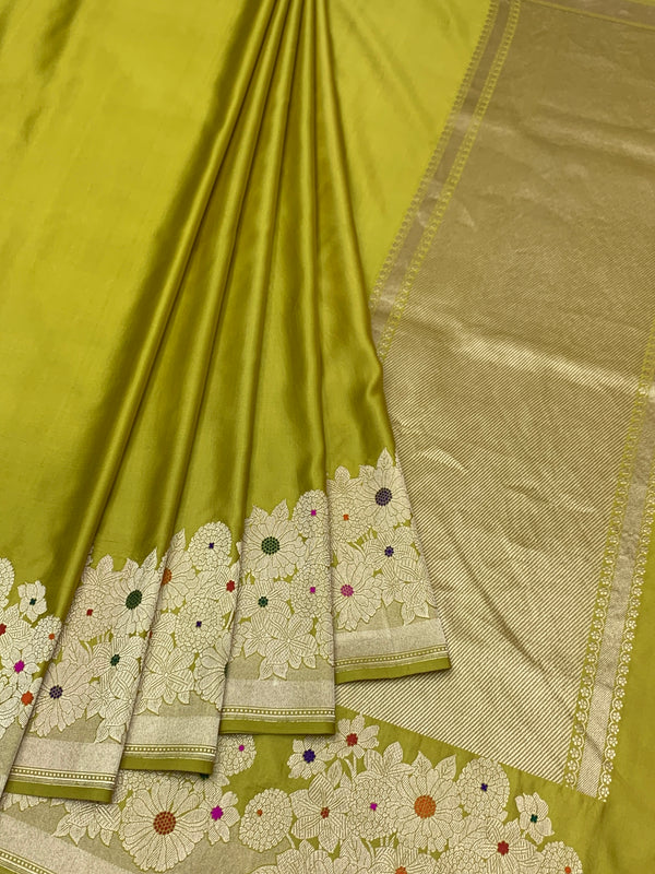 Vibrant Chartreuse Green Mashru Silk Saree with Meenakari Floral Border