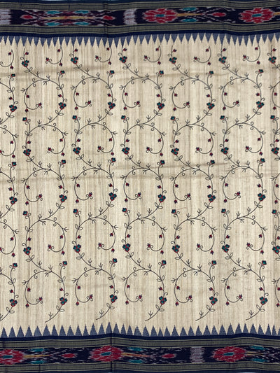 Ivory Tussore Silk Saree with Climbing Floral Vines & Grand Ikat Pallu