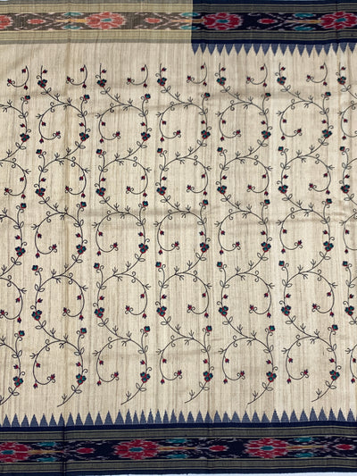 Ivory Tussore Silk Saree with Climbing Floral Vines & Grand Ikat Pallu