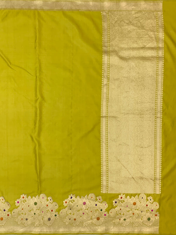 Vibrant Chartreuse Green Mashru Silk Saree with Meenakari Floral Border