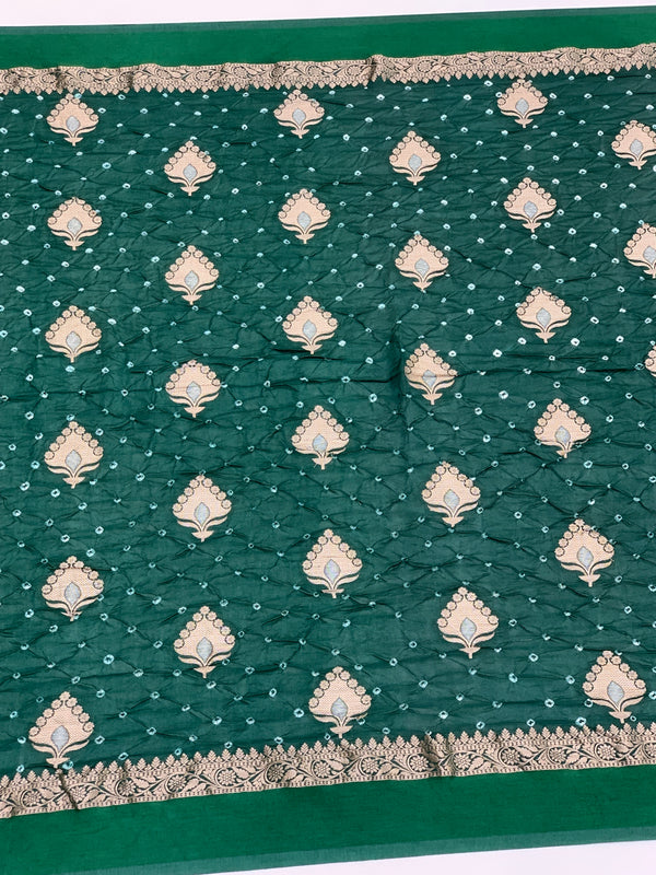 Chanderi Silk Bandhani Saree Bottle-Green In Colour