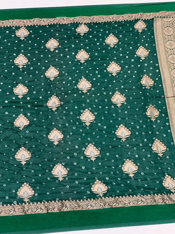 Chanderi Silk Bandhani Saree Bottle-Green In Colour