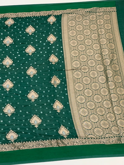 Chanderi Silk Bandhani Saree Bottle-Green In Colour