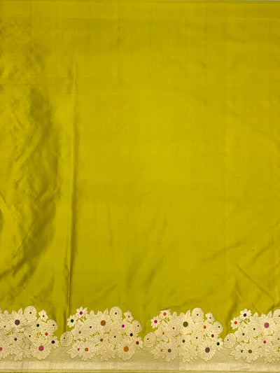 Vibrant Chartreuse Green Mashru Silk Saree with Meenakari Floral Border