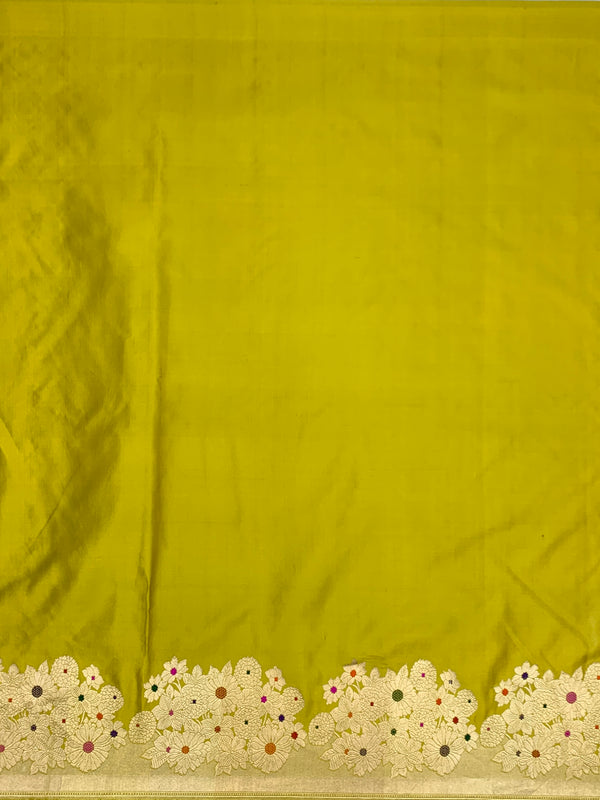 Vibrant Chartreuse Green Mashru Silk Saree with Meenakari Floral Border