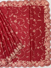 Deep Crimson Tussore Silk Saree with Trailing Floral Vines & Scalloped Border