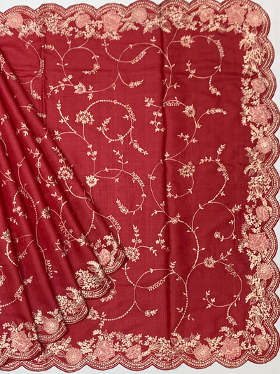 Deep Crimson Tussore Silk Saree with Trailing Floral Vines & Scalloped Border