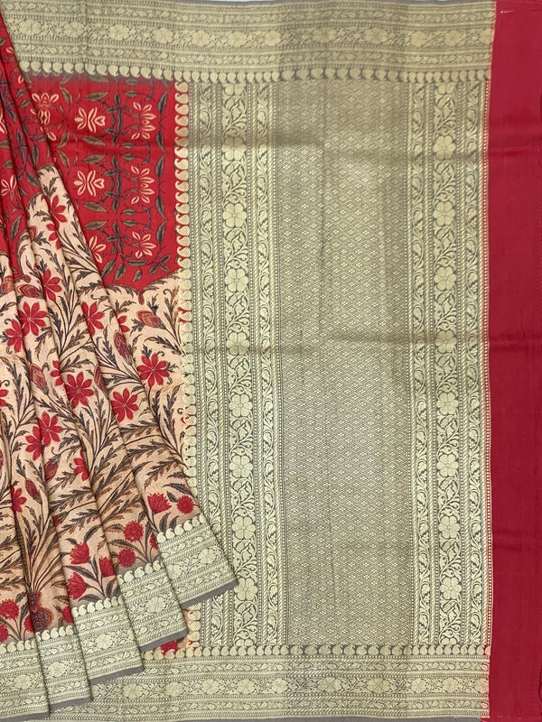 Botanical Print Tussore Georgette Saree with Zari Brocade Pallu