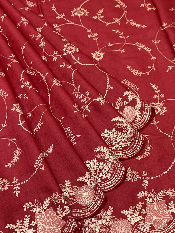 Deep Crimson Tussore Silk Saree with Trailing Floral Vines & Scalloped Border