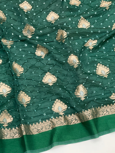 Chanderi Silk Bandhani Saree Bottle-Green In Colour