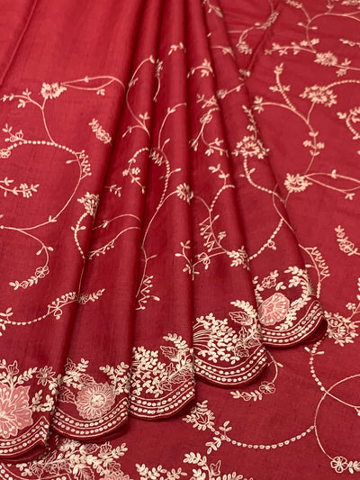 Deep Crimson Tussore Silk Saree with Trailing Floral Vines & Scalloped Border