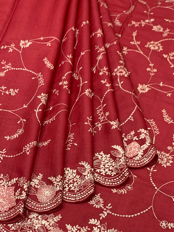 Deep Crimson Tussore Silk Saree with Trailing Floral Vines & Scalloped Border