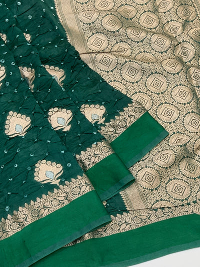 Chanderi Silk Bandhani Saree Bottle-Green In Colour