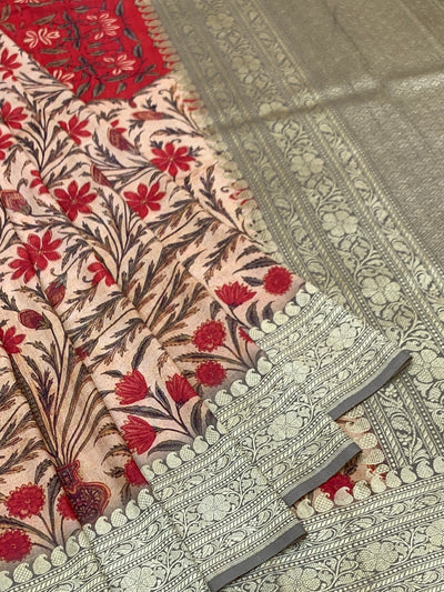 Botanical Print Tussore Georgette Saree with Zari Brocade Pallu