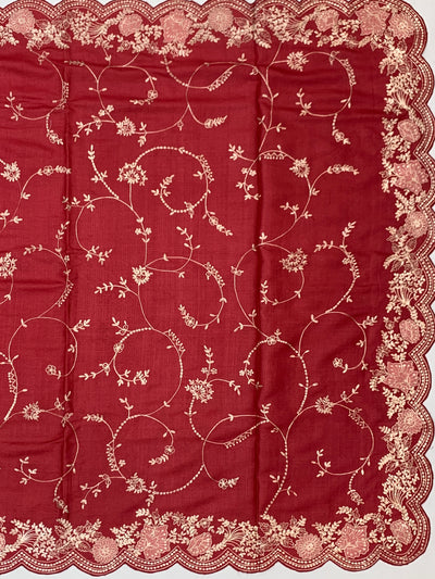 Deep Crimson Tussore Silk Saree with Trailing Floral Vines & Scalloped Border