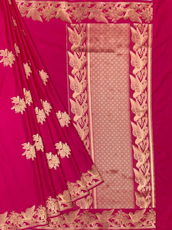 Majestic Rani Pink Mashru Silk Saree with Woven Avian Motifs