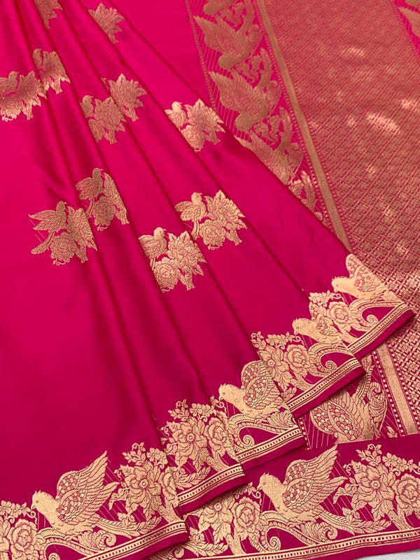 Majestic Rani Pink Mashru Silk Saree with Woven Avian Motifs