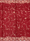 Deep Crimson Tussore Silk Saree with Trailing Floral Vines & Scalloped Border