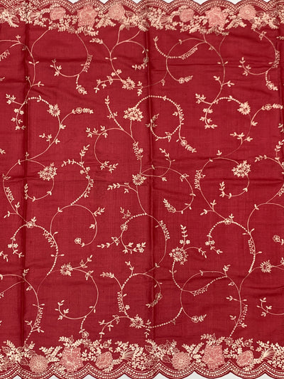 Deep Crimson Tussore Silk Saree with Trailing Floral Vines & Scalloped Border