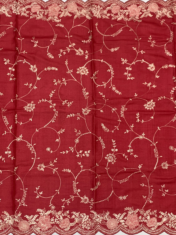 Deep Crimson Tussore Silk Saree with Trailing Floral Vines & Scalloped Border