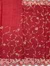 Deep Crimson Tussore Silk Saree with Trailing Floral Vines & Scalloped Border
