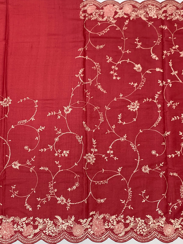 Deep Crimson Tussore Silk Saree with Trailing Floral Vines & Scalloped Border