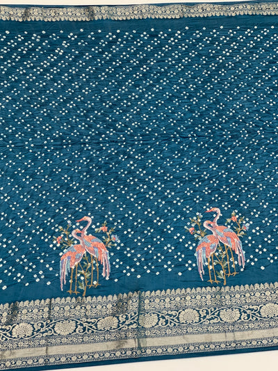 Silk Bandhani Saree Teal-Blue In Colour