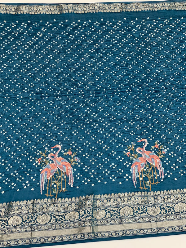 Silk Bandhani Saree Teal-Blue In Colour