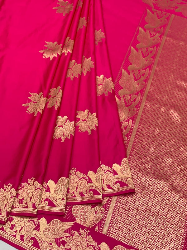Majestic Rani Pink Mashru Silk Saree with Woven Avian Motifs