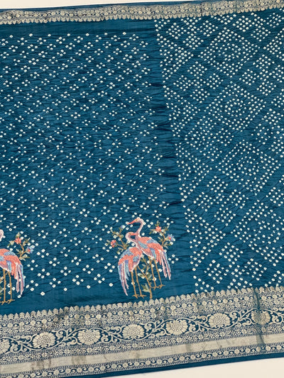 Silk Bandhani Saree Teal-Blue In Colour