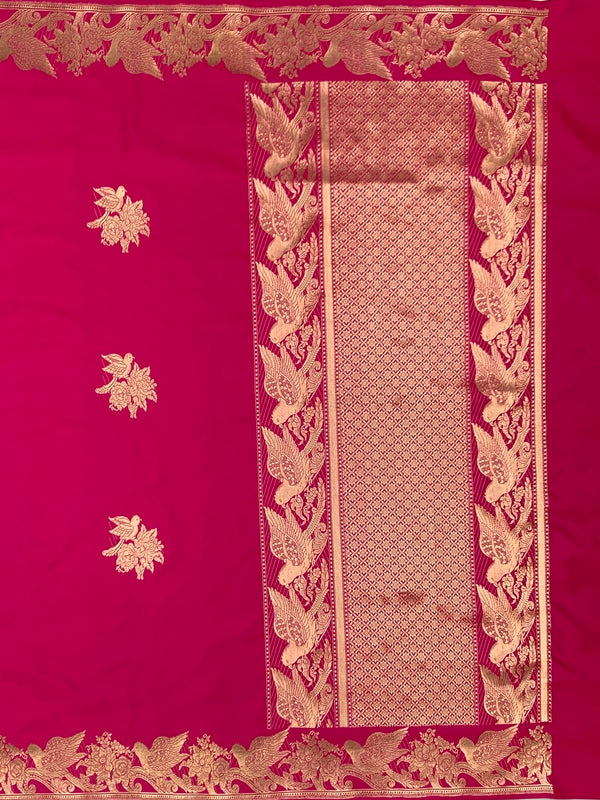 Majestic Rani Pink Mashru Silk Saree with Woven Avian Motifs