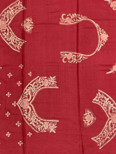 Deep Crimson Tussore Silk Saree with Trailing Floral Vines & Scalloped Border