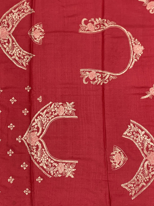 Deep Crimson Tussore Silk Saree with Trailing Floral Vines & Scalloped Border
