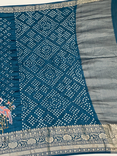 Silk Bandhani Saree Teal-Blue In Colour