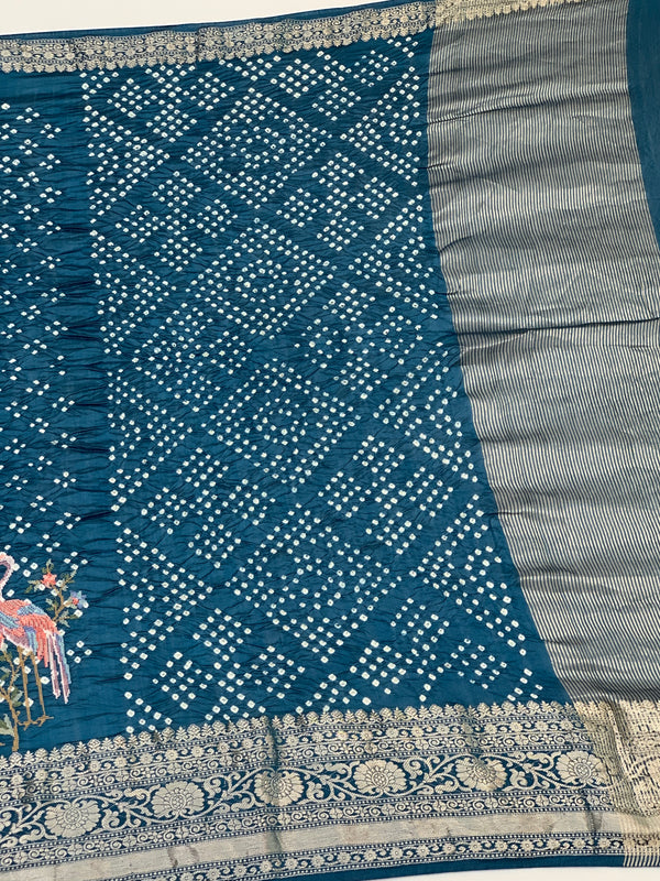 Silk Bandhani Saree Teal-Blue In Colour