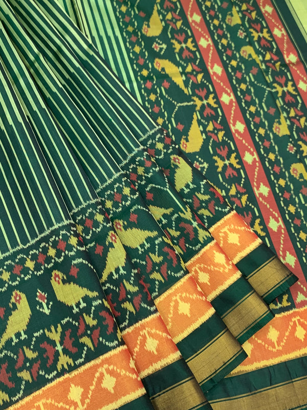 Exquisite Mint & Deep Green Striped Rajkot Patola Silk Saree
