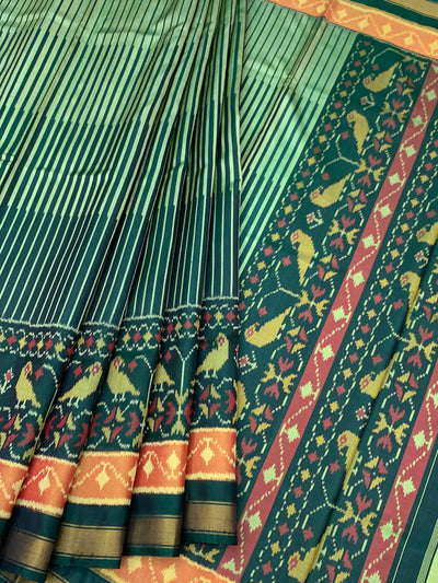 Exquisite Mint & Deep Green Striped Rajkot Patola Silk Saree