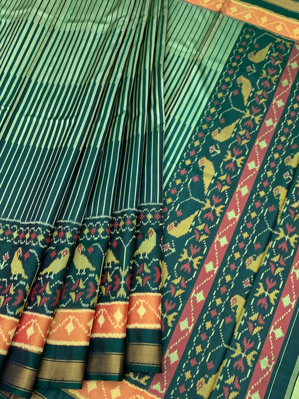 Exquisite Mint & Deep Green Striped Rajkot Patola Silk Saree