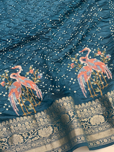 Silk Bandhani Saree Teal-Blue In Colour
