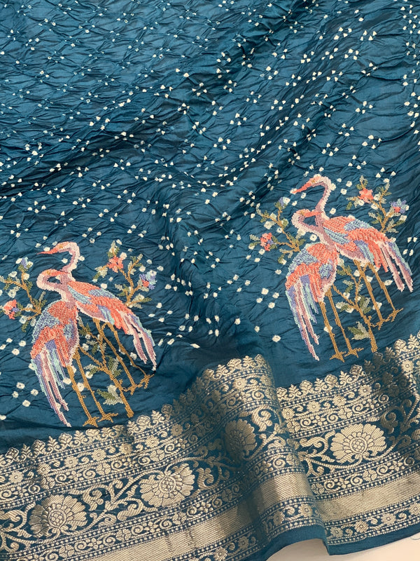 Silk Bandhani Saree Teal-Blue In Colour
