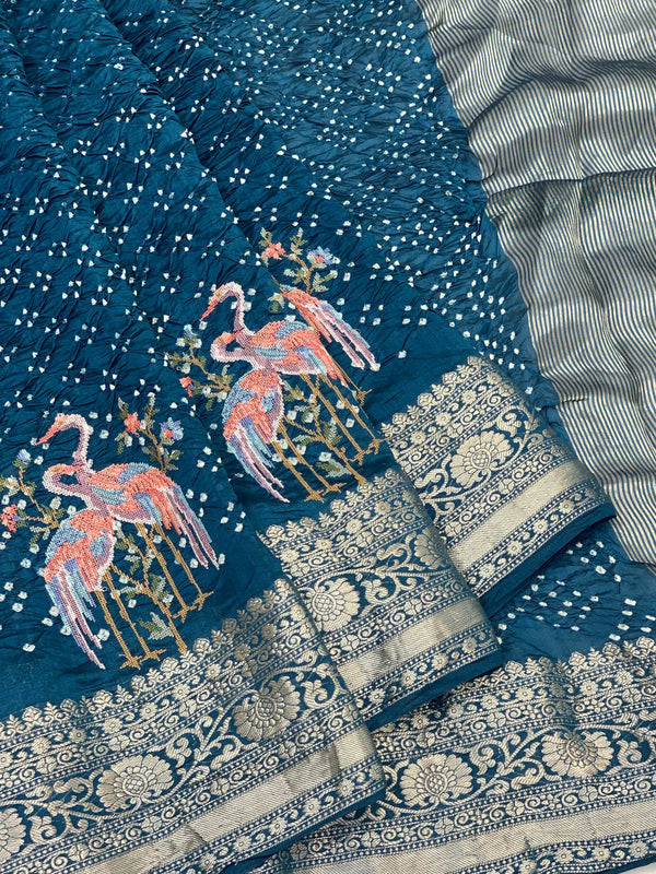 Silk Bandhani Saree Teal-Blue In Colour