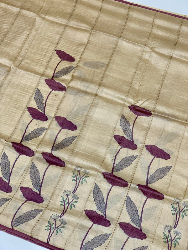 Tussore Printed Saree Golden-Cream In Colour