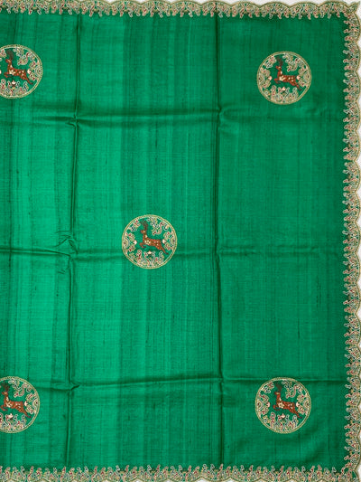 Emerald Green Tussore Silk Saree with Circular Deer Medallions & Scalloped Border