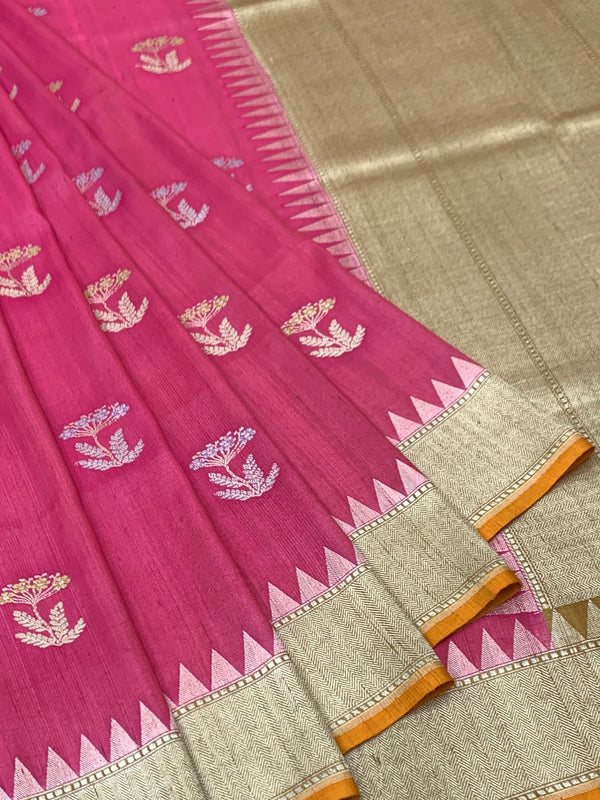 Rose Pink Tussore Georgette Saree with Floral Bootis, Muted Gold Tissue Pallu & Contrast Mustard Blouse
