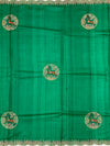 Emerald Green Tussore Silk Saree with Circular Deer Medallions & Scalloped Border