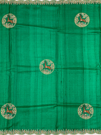 Emerald Green Tussore Silk Saree with Circular Deer Medallions & Scalloped Border