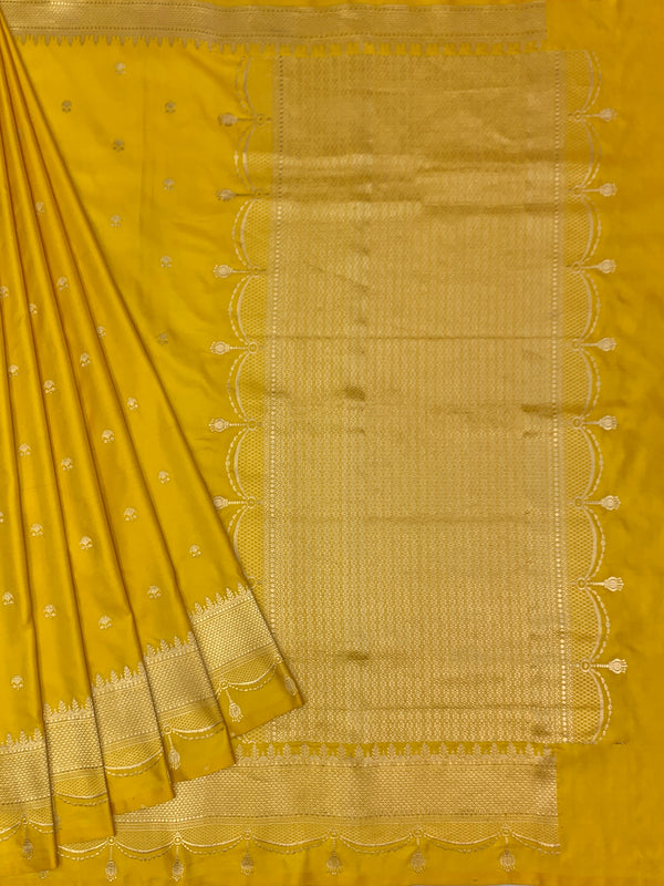 Sunflower Yellow Mashru Silk Saree with Scalloped Tassel Border